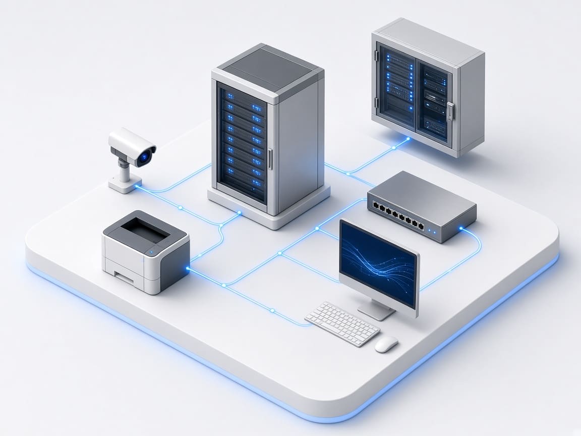 Изометрическая схема IT-инфраструктуры: серверная стойка, сетевой коммутатор, рабочая станция, принтер и камера видеонаблюдения, объединённые в сеть